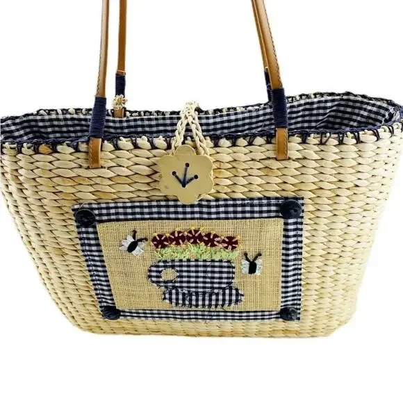 Breckenridge Straw Tote Bag Purse Blonde Wicker Picnic Blue Check Teacup Bee - Picture 3 of 10